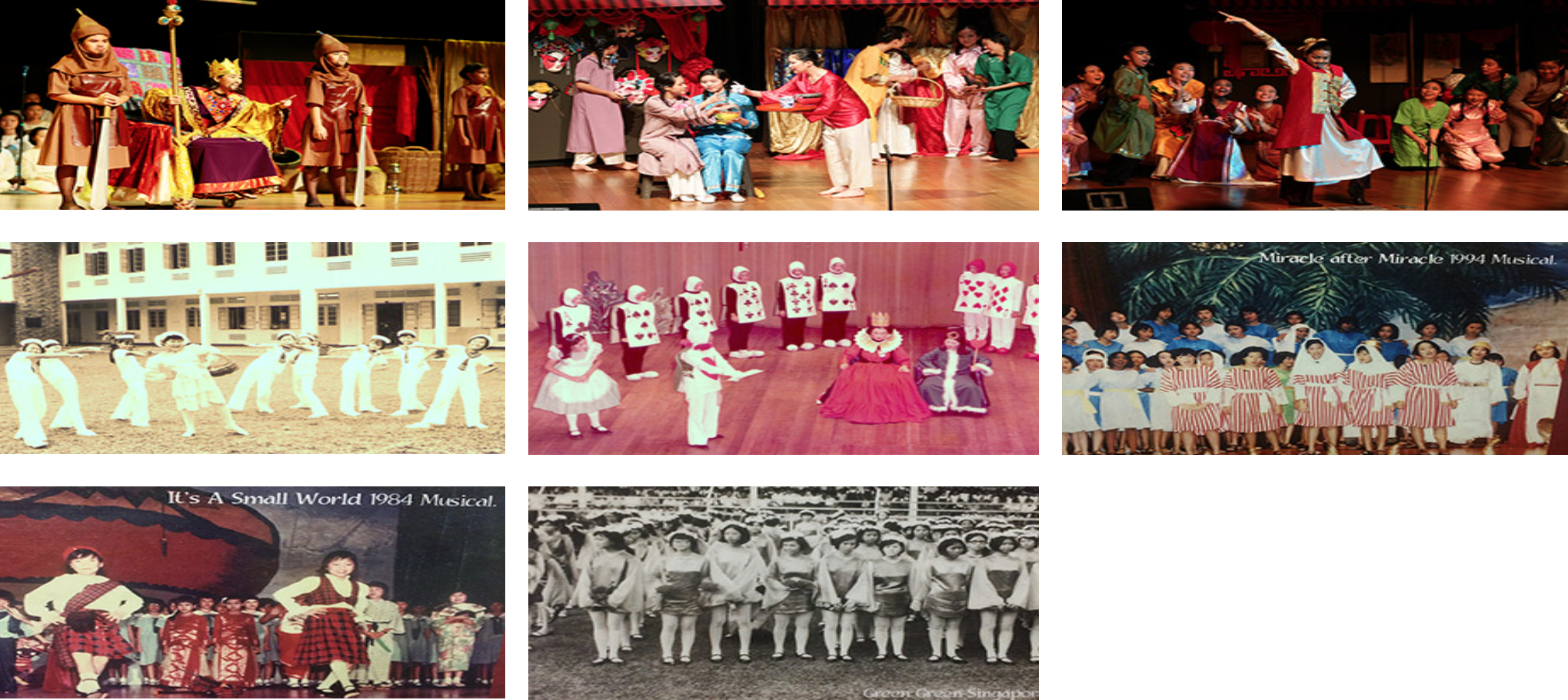 Eight photos of school musical productions spanning decades, showing costumed student performers on stage.